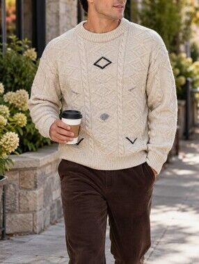 Club International Vintage 100% Wool Cream Cable Knit Crewneck Sweater Men’s